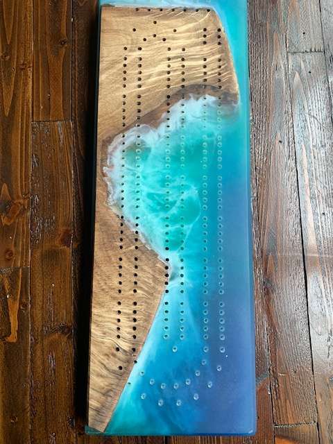Custom Ocean Resin and Wood Cribbage Board image 1