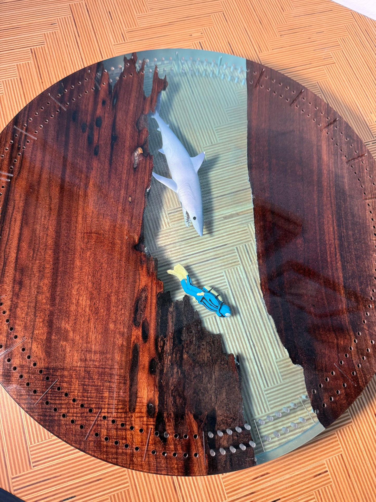 Custom Resin and Wood 12" Round Cribbage Board