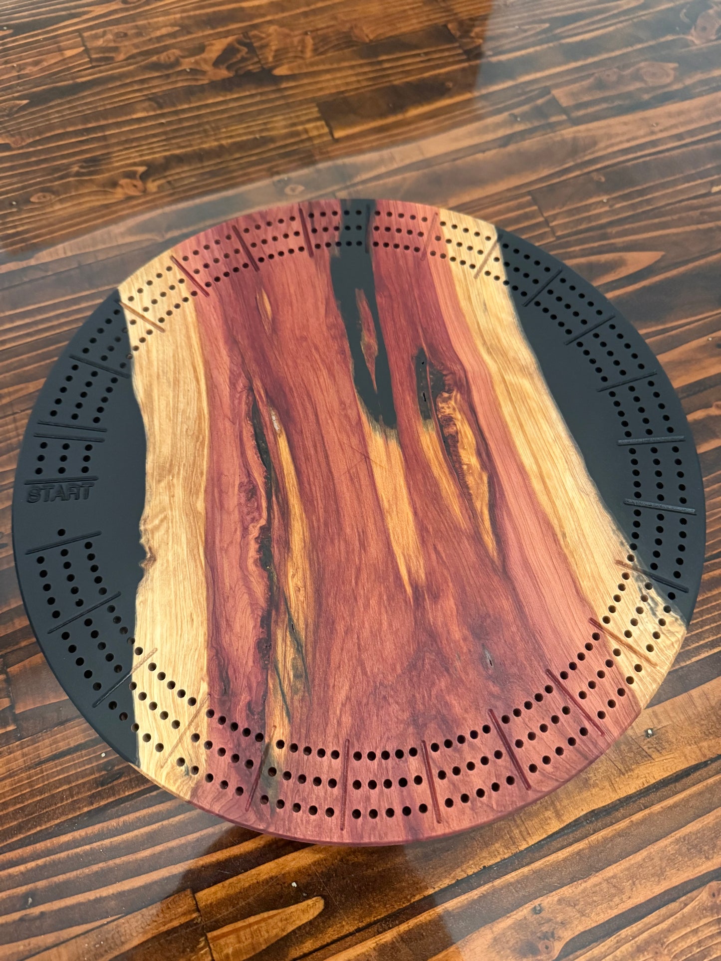 Custom Resin and Wood 12" Round Cribbage Board