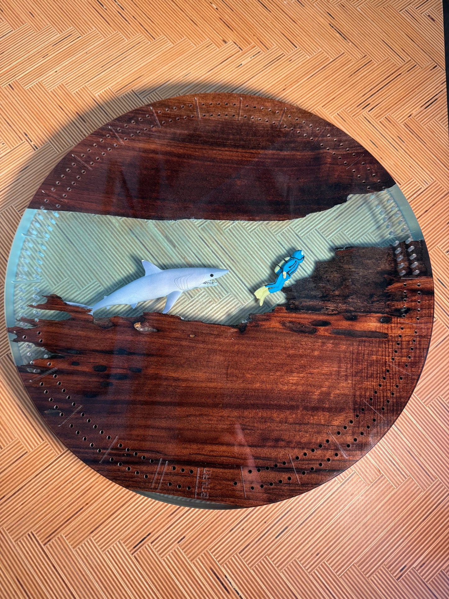 Custom Resin and Wood 12" Round Cribbage Board
